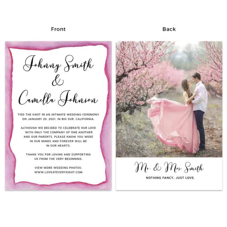 Elopement wedding announcement cards, pink watercolor frame, spring wedding #477