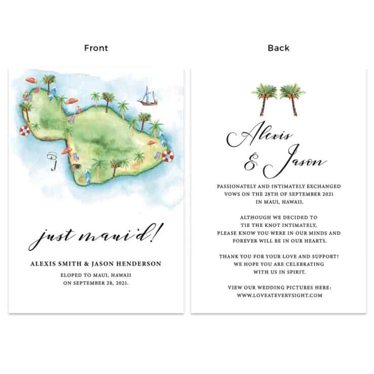 Just Maui'd elopement announcement card, tropical beach wedding annoincemen cards #478