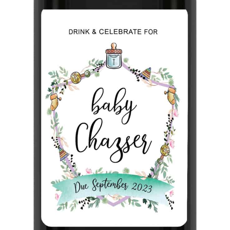 Minimalist "drink and celebrate for" pregnancy announcement wine labels with baby logo/crest bwinelabel219