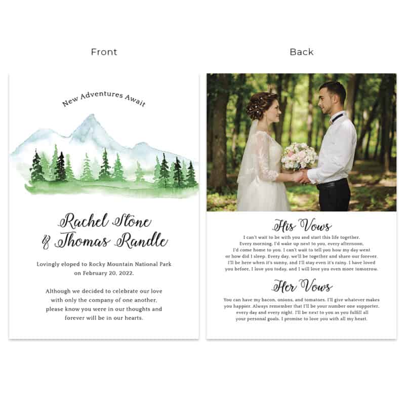 Mountain custom elopement announcement cards, with wedding picture and his and her vows#499