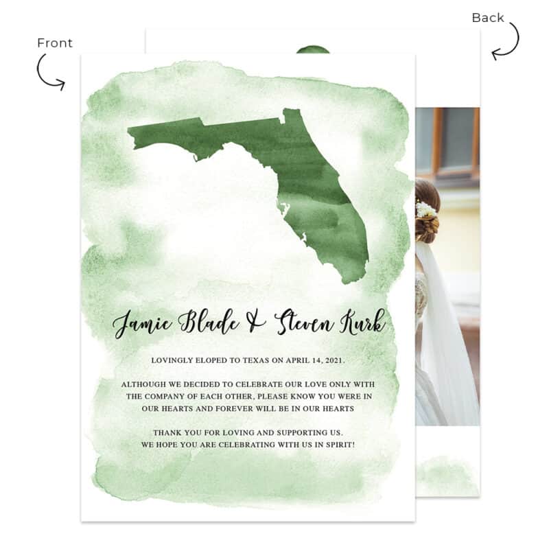 Green watercolor state map, personalized wedding elopement announcement card #504