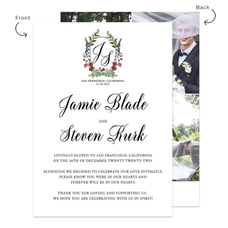 Minimalist wedding reception and elopement announcement cards, with personalize wedding crest & wedding pictures #505