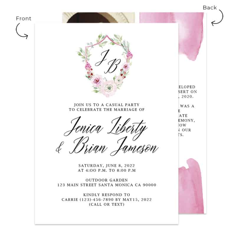 Pink minimalist wedding reception and elopement announcement cards, personalized #507