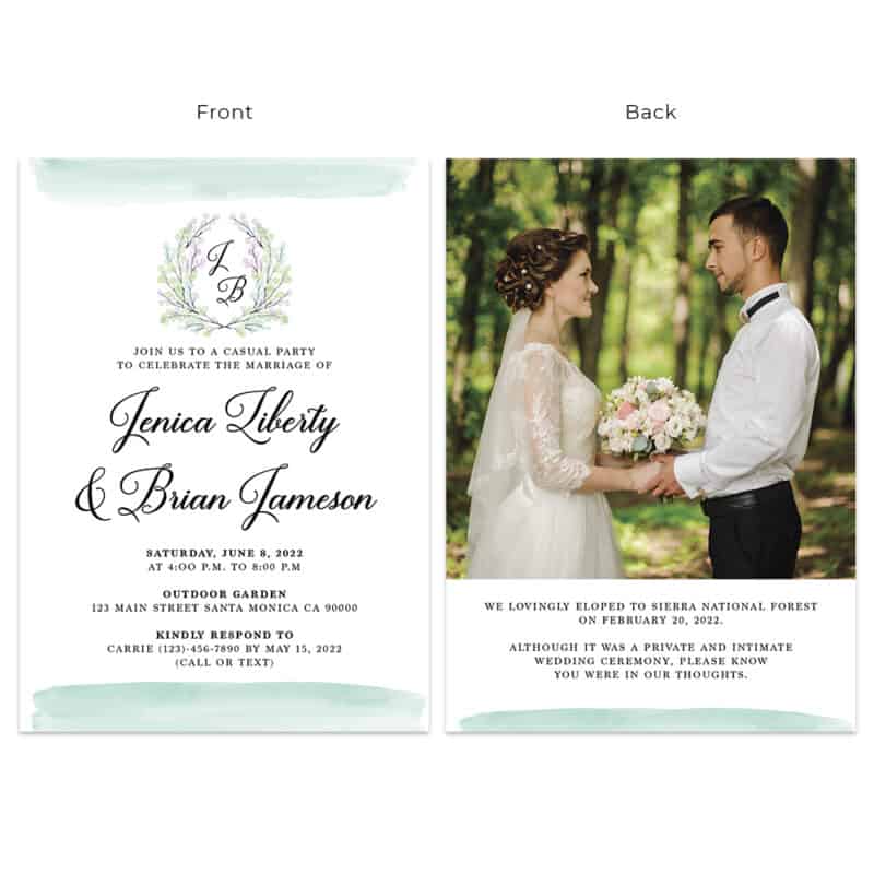 Mint green minimalist wedding reception and elopement announcement cards #509