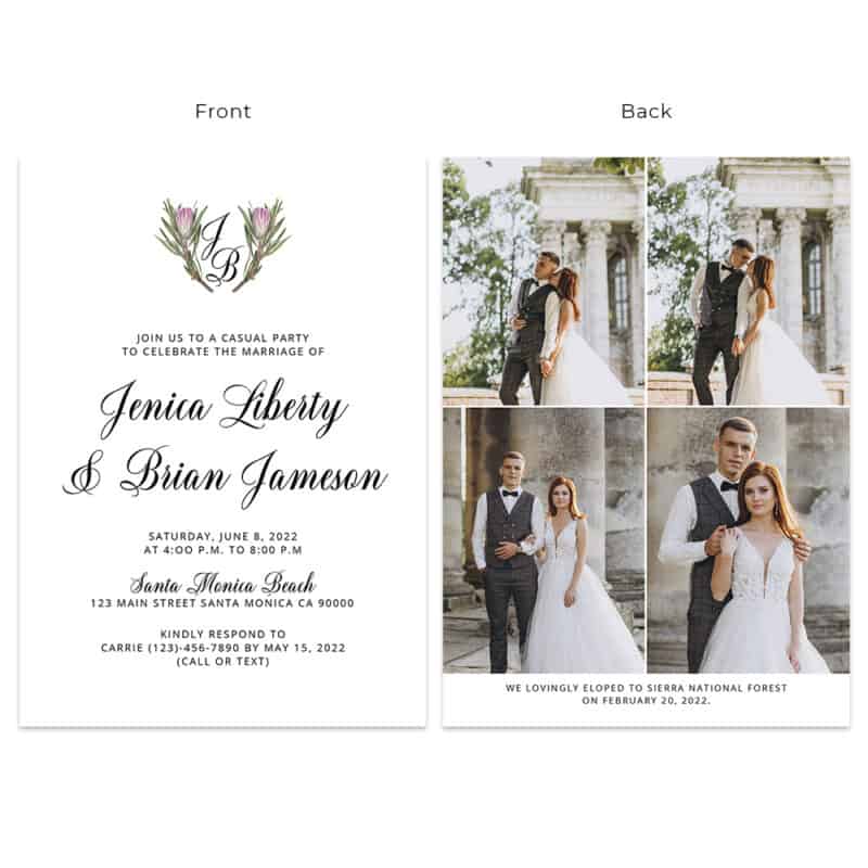 Personalized elegant wedding reception and elopement announcement cards #511