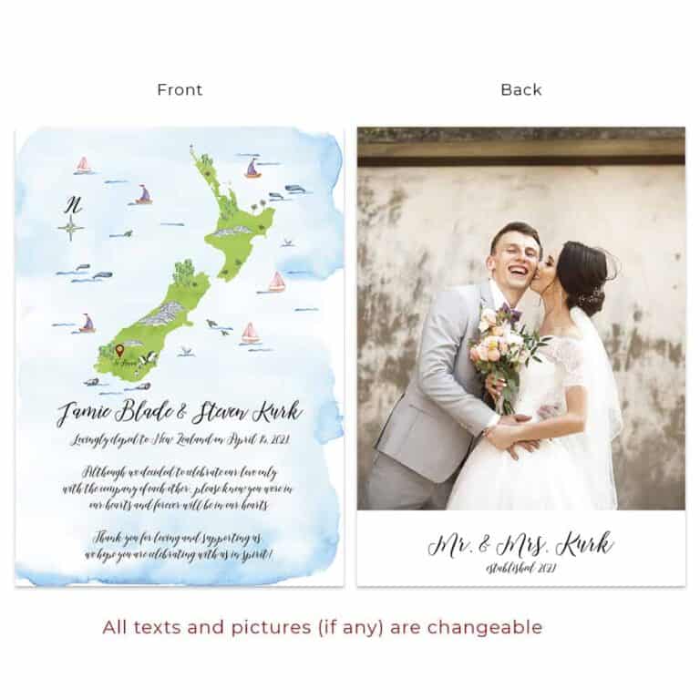 Custom elopement announcement cards New Zealand Map cards 512