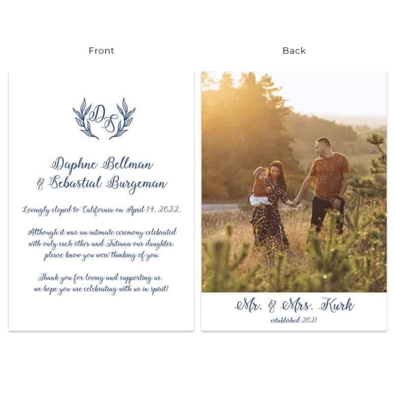 Navy blue wedding elopement announcement card, custom & minimalist #513
