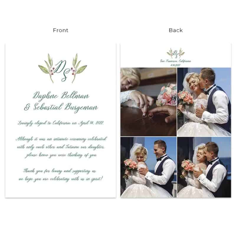 Emerald green elopement announcement cards, custom & minimalist #514