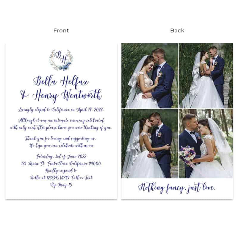 Modern calligraphy classic blue elopement announcement cards, Nothing Fancy Just Love #516