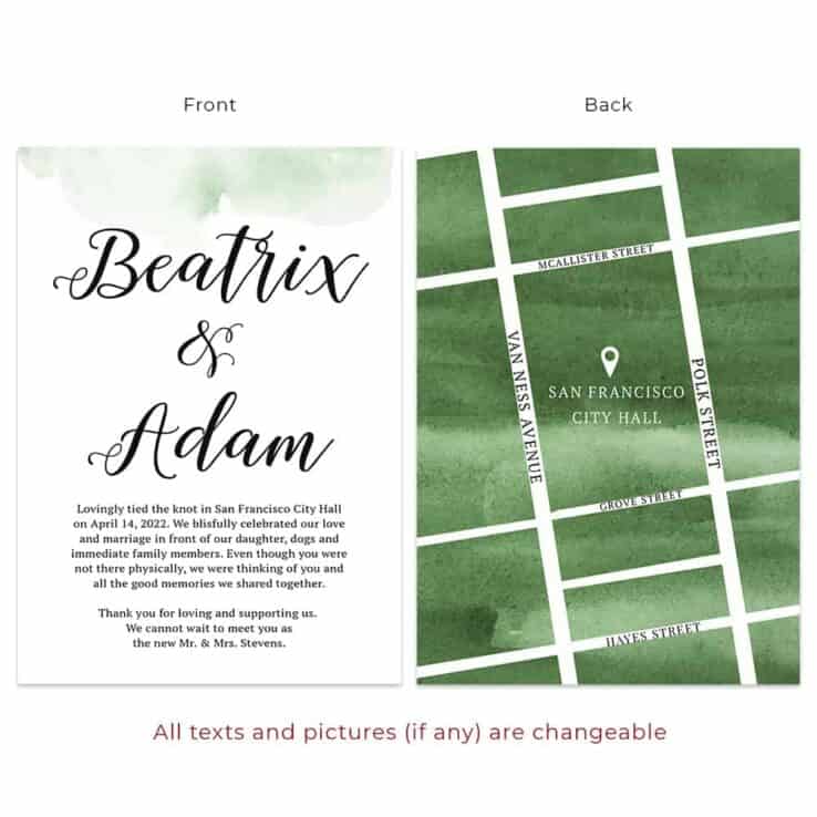 Custom Elopement Announcement Cards with Green Map, Simple  elopement523