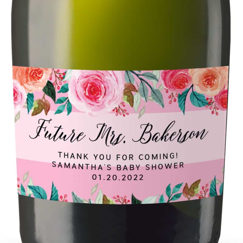Custom Bridal Shower Mini Champagne Party Favor Label Stickers, Floral Pink and Peach, Sold in sets of 8 MN263