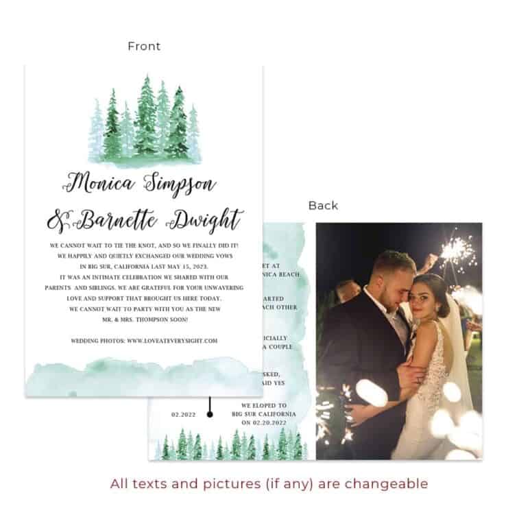 Forest inspired wedding elopement custom announcement cards #554