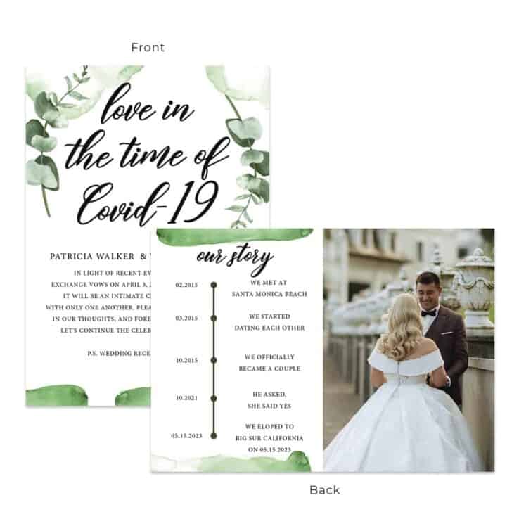 Greenery love in the time of Covid-19 Elopement Intimate wedding custom announcement cards #556
