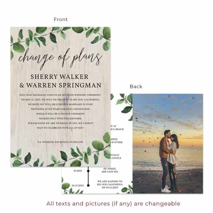 Change of plans intimate wedding elopement personalized announcement cards #559