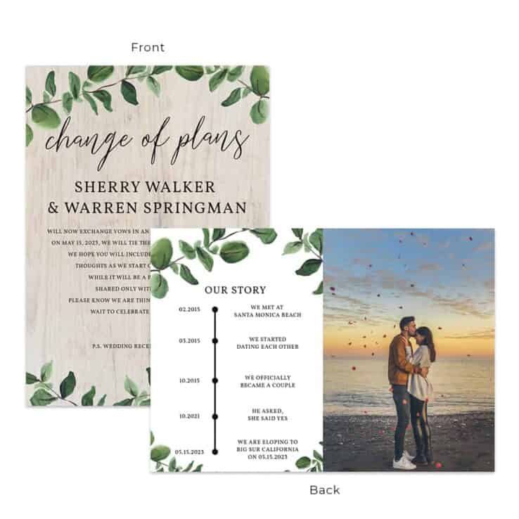 Change of plans intimate wedding elopement personalized announcement cards #559