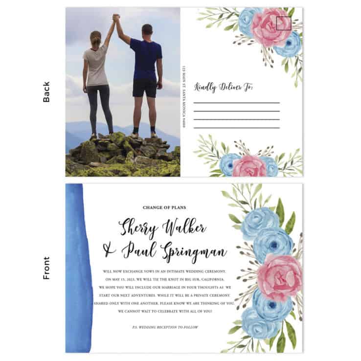 Blue and pink floral change of plans intimate wedding announcement cards #562