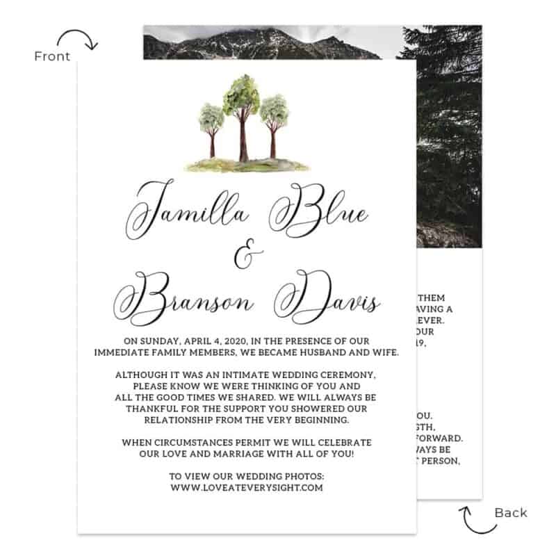 Outdoor Personalized Intimate Wedding Elopement Announcement Cards #565