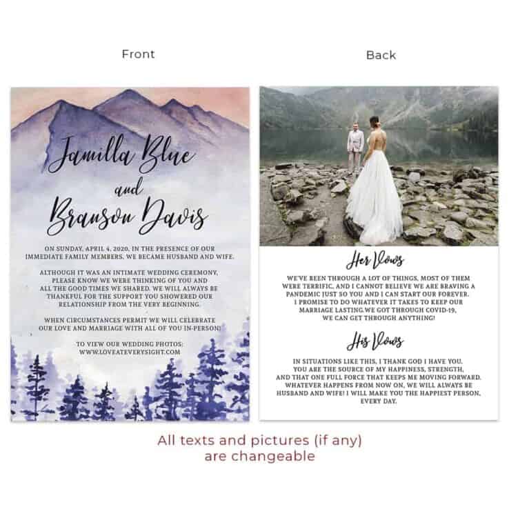 Outdoor Mountain Intimate Wedding and Elopement Announcement Cards, Custom #566