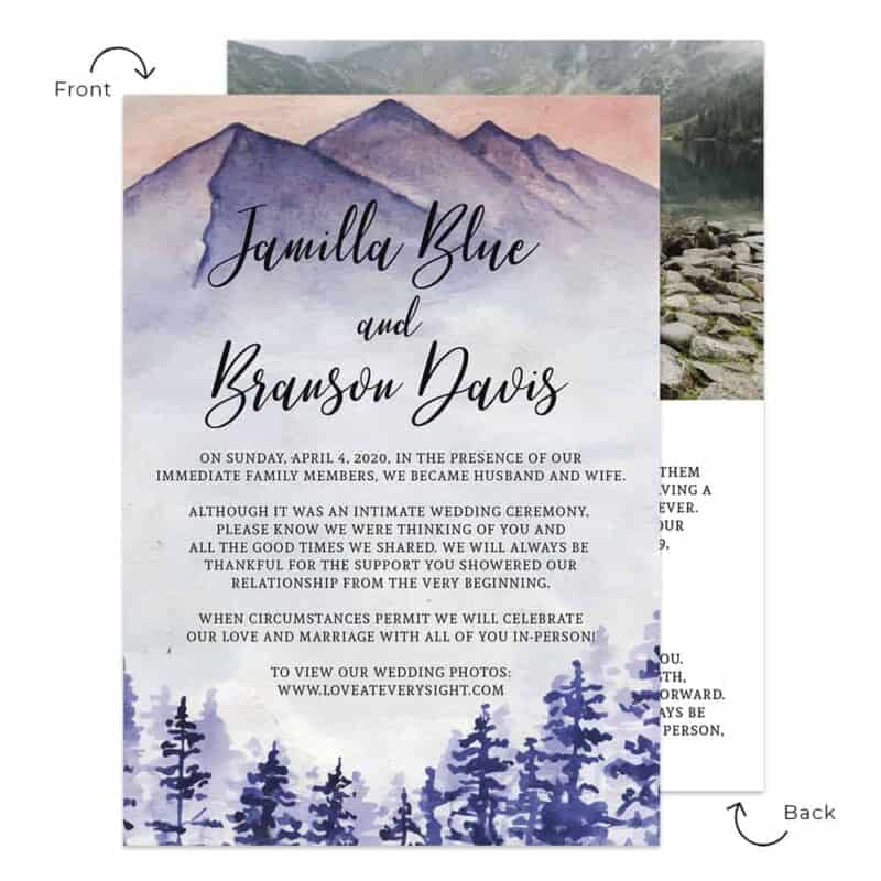 Outdoor Mountain Intimate Wedding and Elopement Announcement Cards, Custom #566