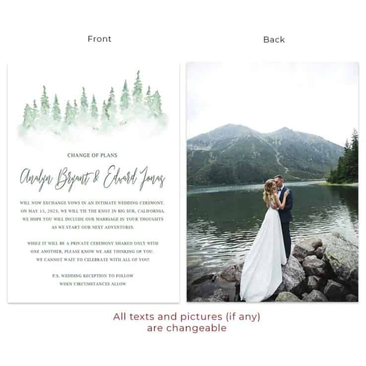 Spring summer forest elopement change of plans announcement cards #567