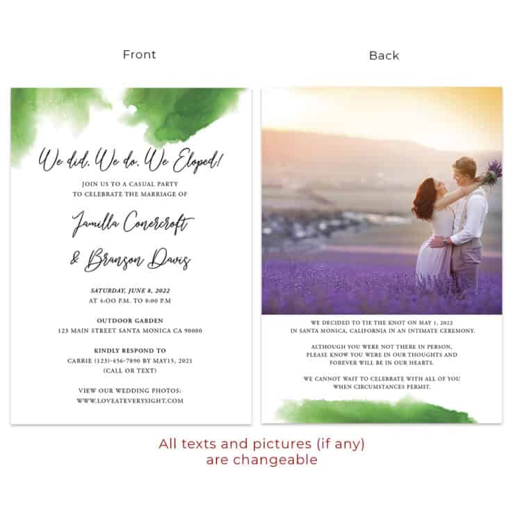 Simple green watercolor wedding reception announcement cards #570