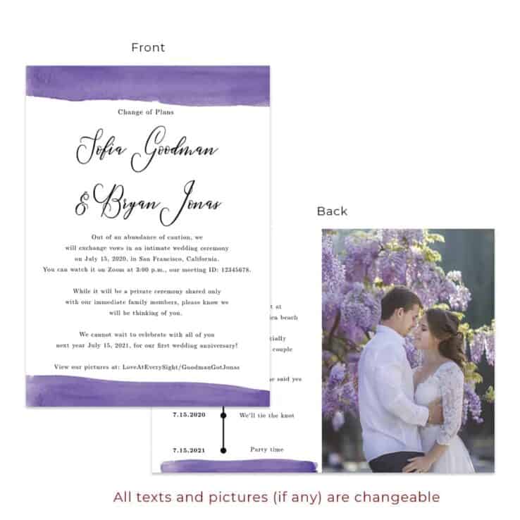 Purple watercolor change of plans, intimate wedding announcement cards personalized #571