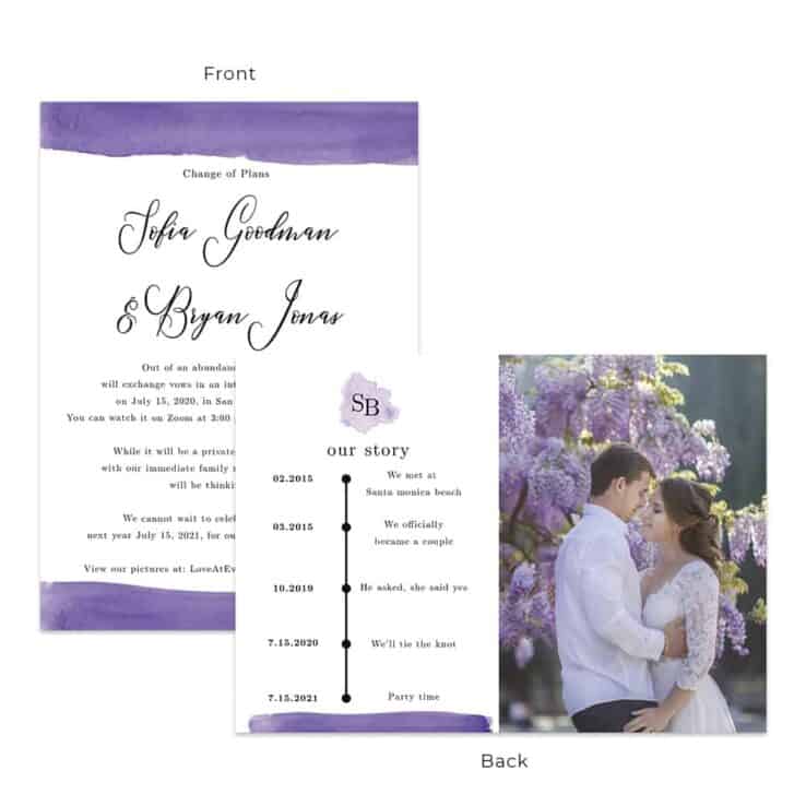 Purple watercolor change of plans, intimate wedding announcement cards personalized #571