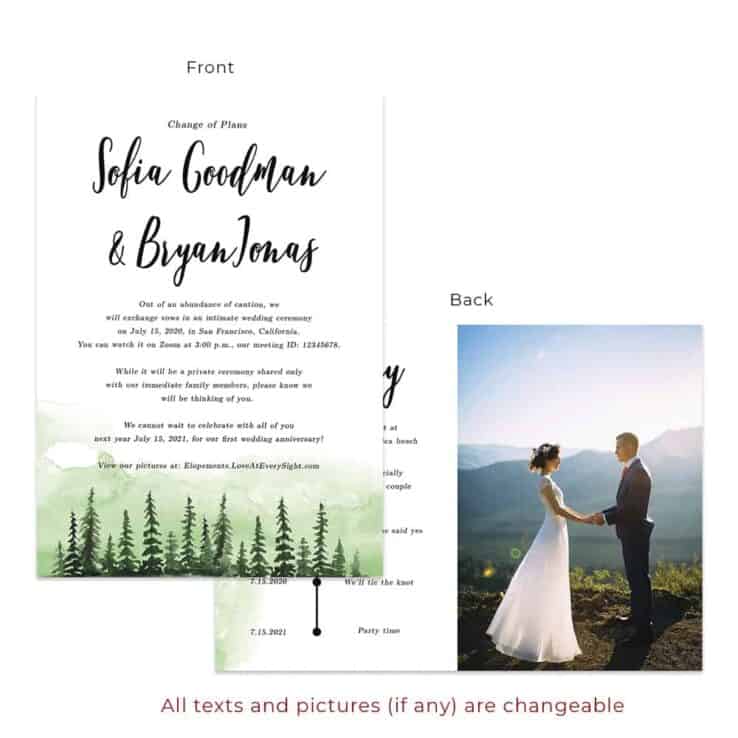 Green forest outdoor change of plans, intimate wedding ceremony cards custom #572