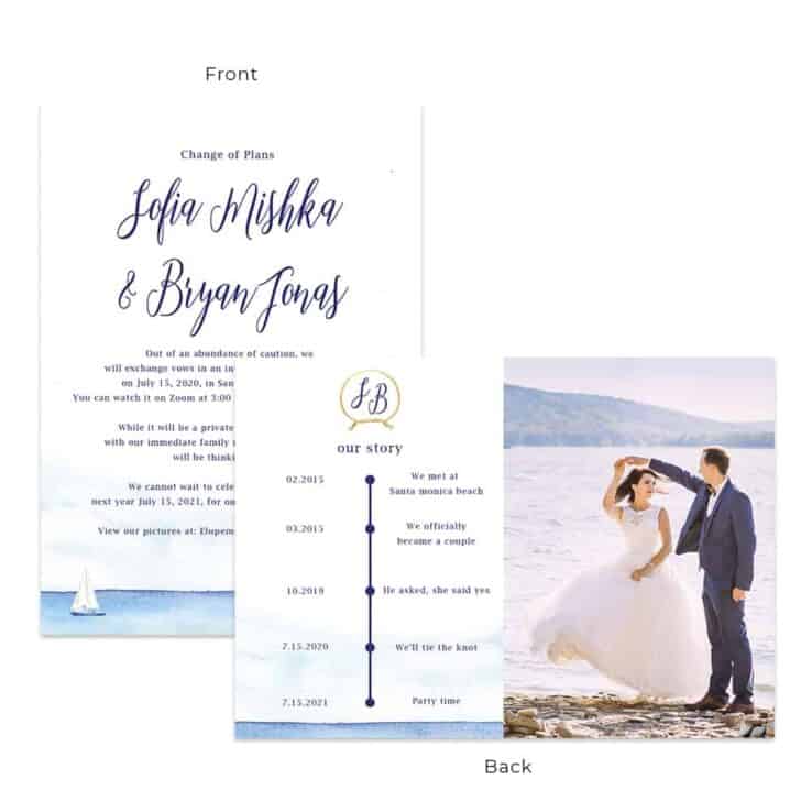Beach nautical intimate wedding ceremony and change of plans custom announcement cards #574