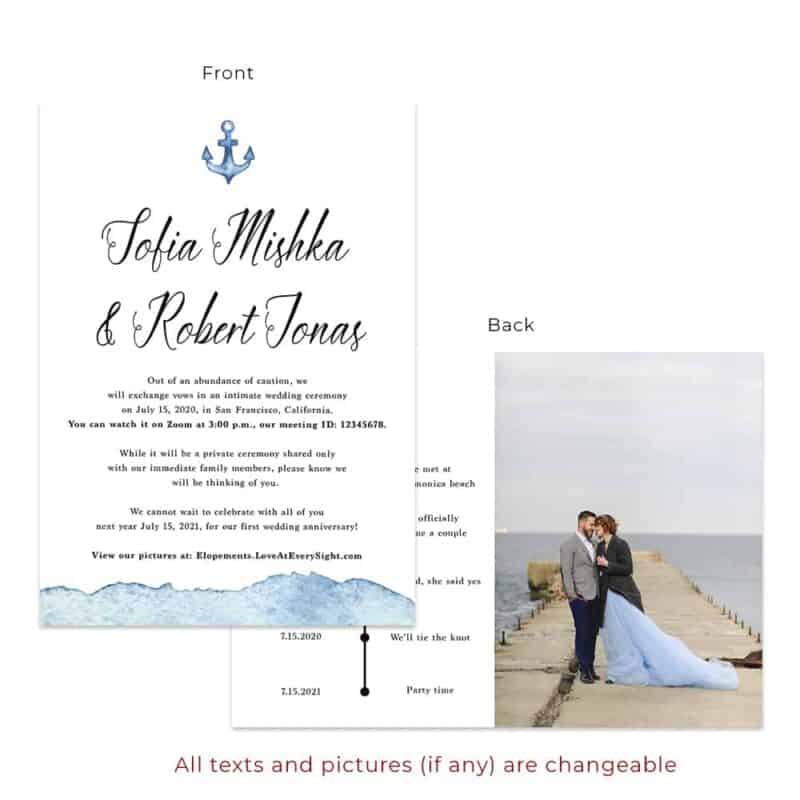 Beach Nautical Change of Plans, Intimate Wedding Elopement Personal Cards#577