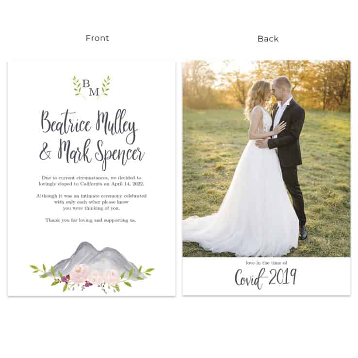 Mountain Elopement Wedding Love in the Time of Covid 19 Announcement Cards Custom #596