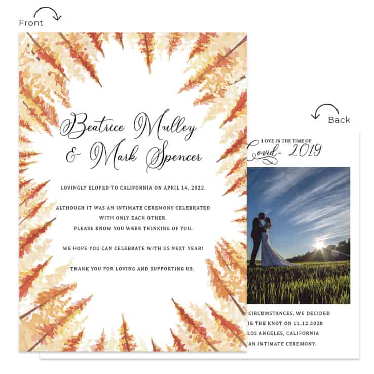 Fall Season Elopement Intimate Wedding Announcement Cards Custom #601