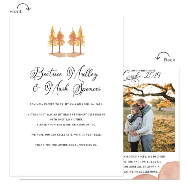 Simple Fall Elopement Intimate Wedding Announcement Card Custom #602
