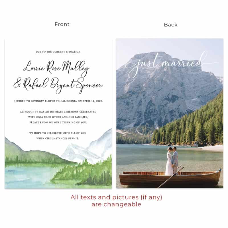 Mountain and Lake View Intimate Wedding Elopement Announcement Card Custom #610