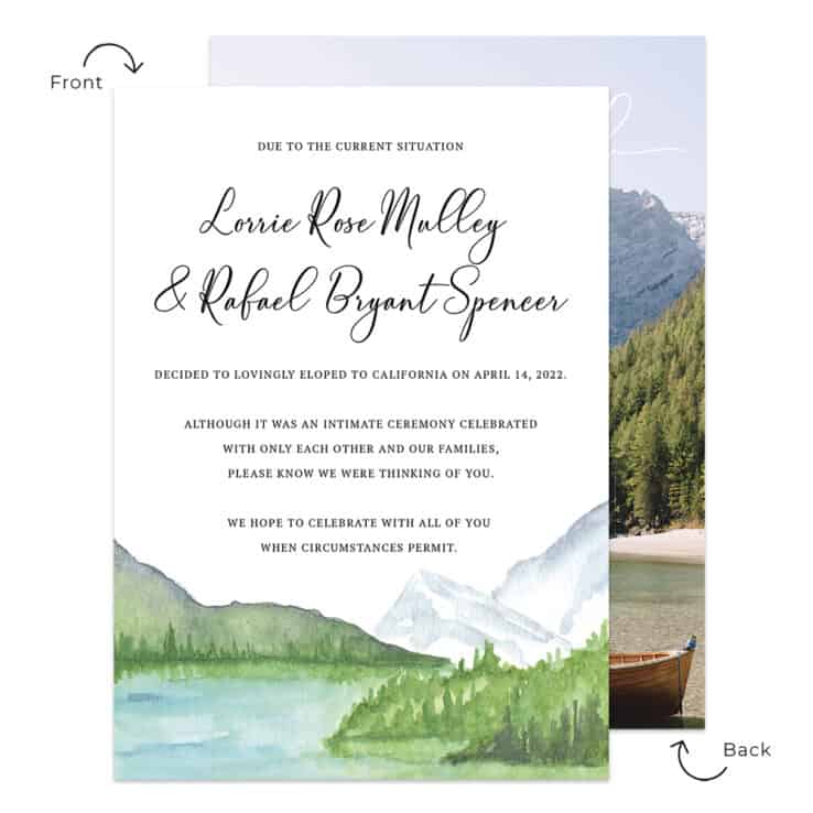 Mountain and Lake View Intimate Wedding Elopement Announcement Card Custom #610