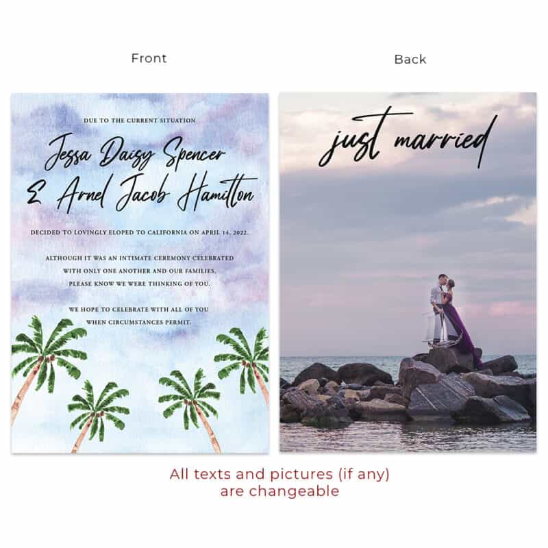 Sunset Sky Summer Tropical Intimate Wedding and Elopement Announcement Cards #612