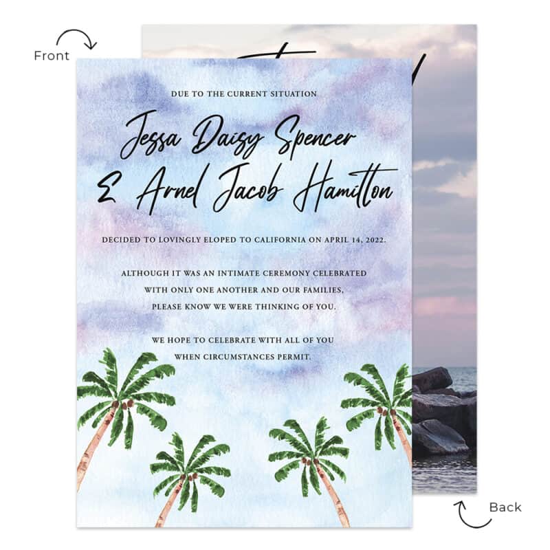 Sunset Sky Summer Tropical Intimate Wedding and Elopement Announcement Cards #612