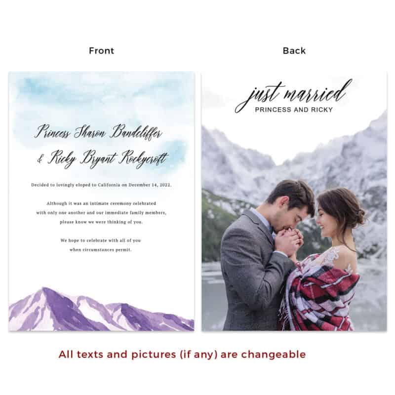 Custom Winter Snow Mountain Intimate Wedding Elopement Announcement Cards #619