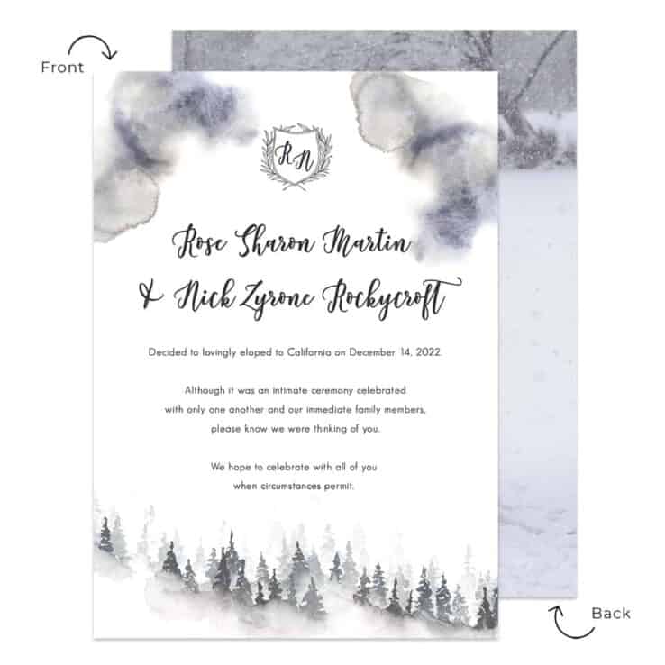 Personalized  WInter Forest Micro Wedding Elopement Announcement Cards #623