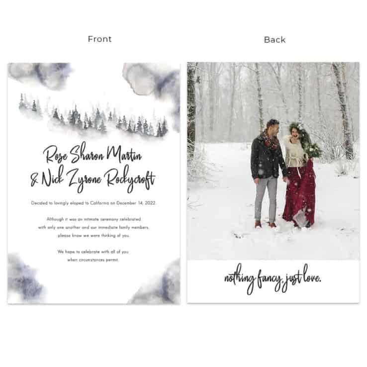 Winter Forest Outdoors Elopement Wedding Announcement Cards Custom #624