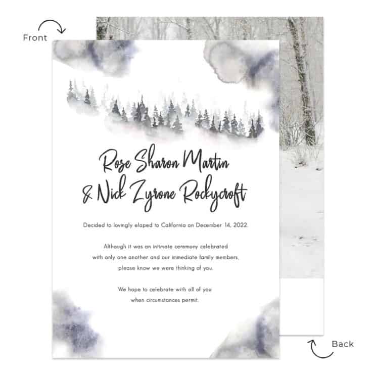 Winter Forest Outdoors Elopement Wedding Announcement Cards Custom #624