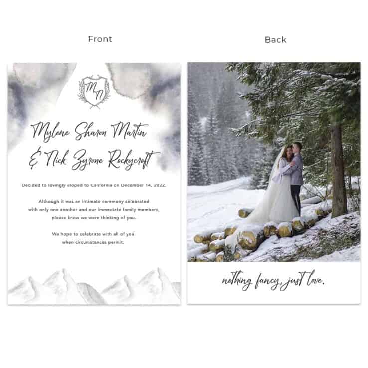 Snowy Mountain Micro Wedding Elopement Announcement Cards Custom #625