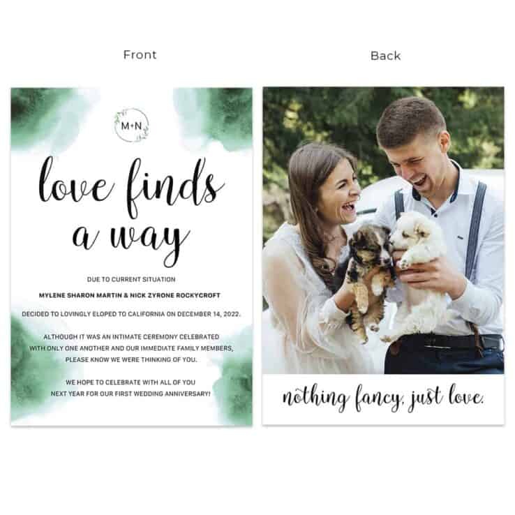 Love finds a Way Elopement Intimate Wedding Announcement Cards Custom Green #628