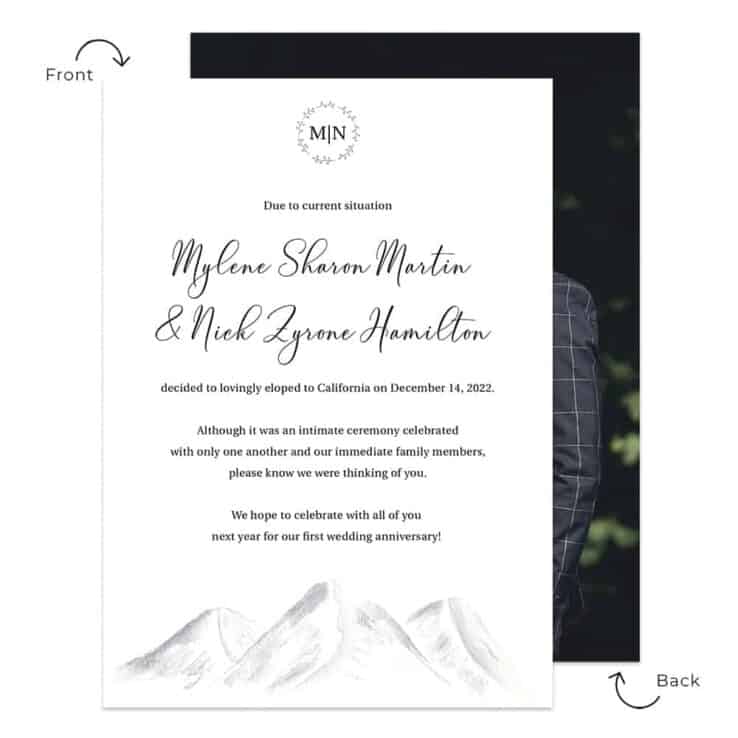 Minimalist Winter Inspired Wedding Elopement Announcement Cards Personalized #629