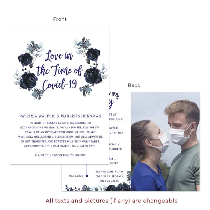 Navy Blue Love in the time of Covid-2019 Intimate Wedding Elopement Announcement Cards#641