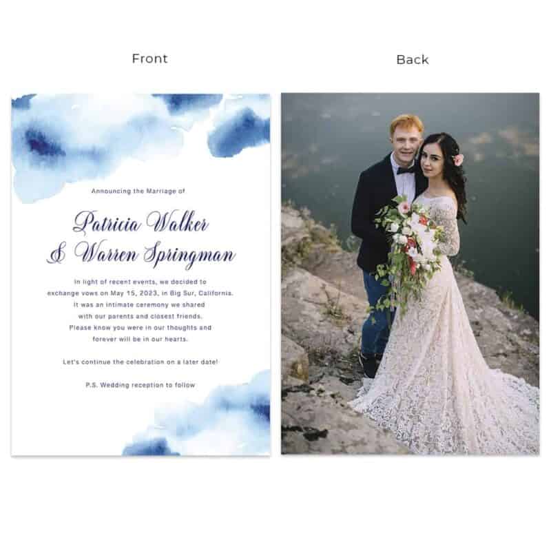 Navy Blue Watercolor Intimate Wedding Elopement Announcement Cards Personalized  #646