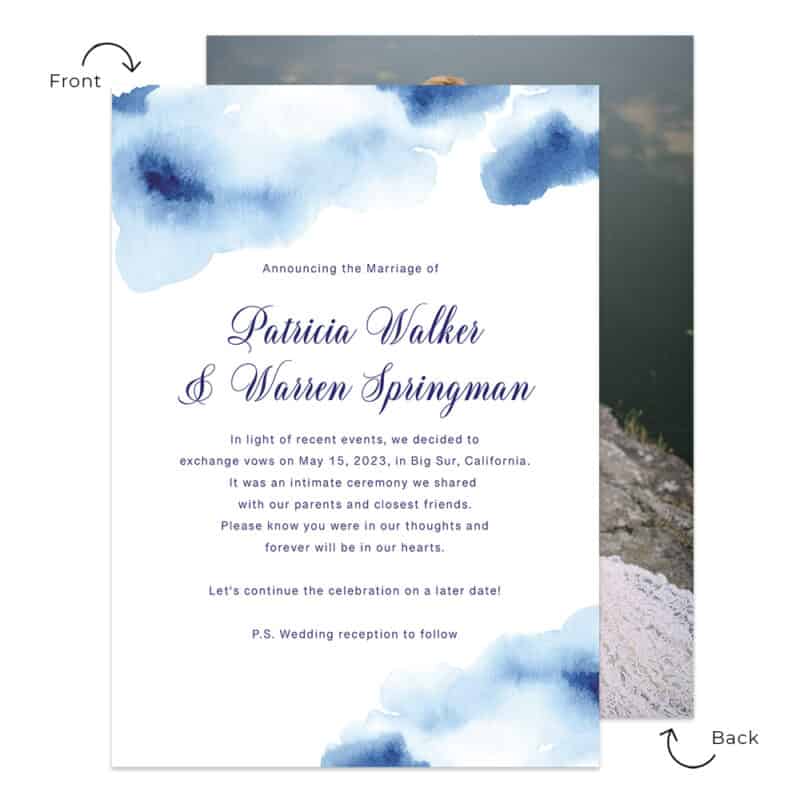 Navy Blue Watercolor Intimate Wedding Elopement Announcement Cards Personalized  #646