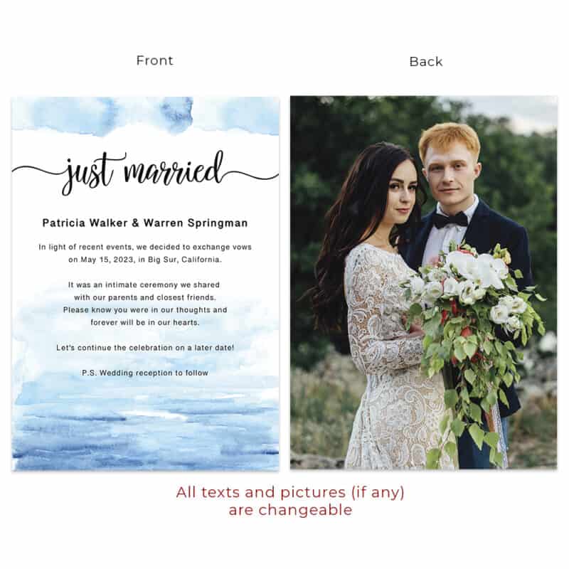 Just Married Summer Beach Intimate Wedding Personalized Elopement Announcement Cards #647