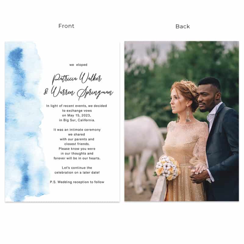We Eloped Minimalist Blue Intimate Wedding Elopement Announcement Cards Custom #648