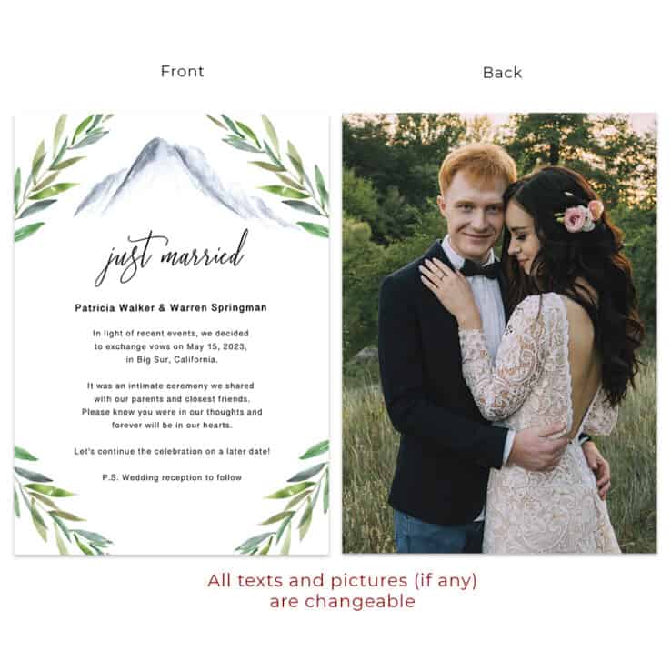 Just Married Mountain Wedding Elopement Announcement Cards Custom #649